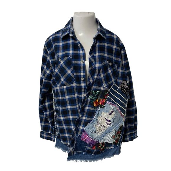 Upcycled Flannel Shirt Shacket Womens 1X Boop Motorcycle Grunge Patchwork Art - Picture 14 of 16